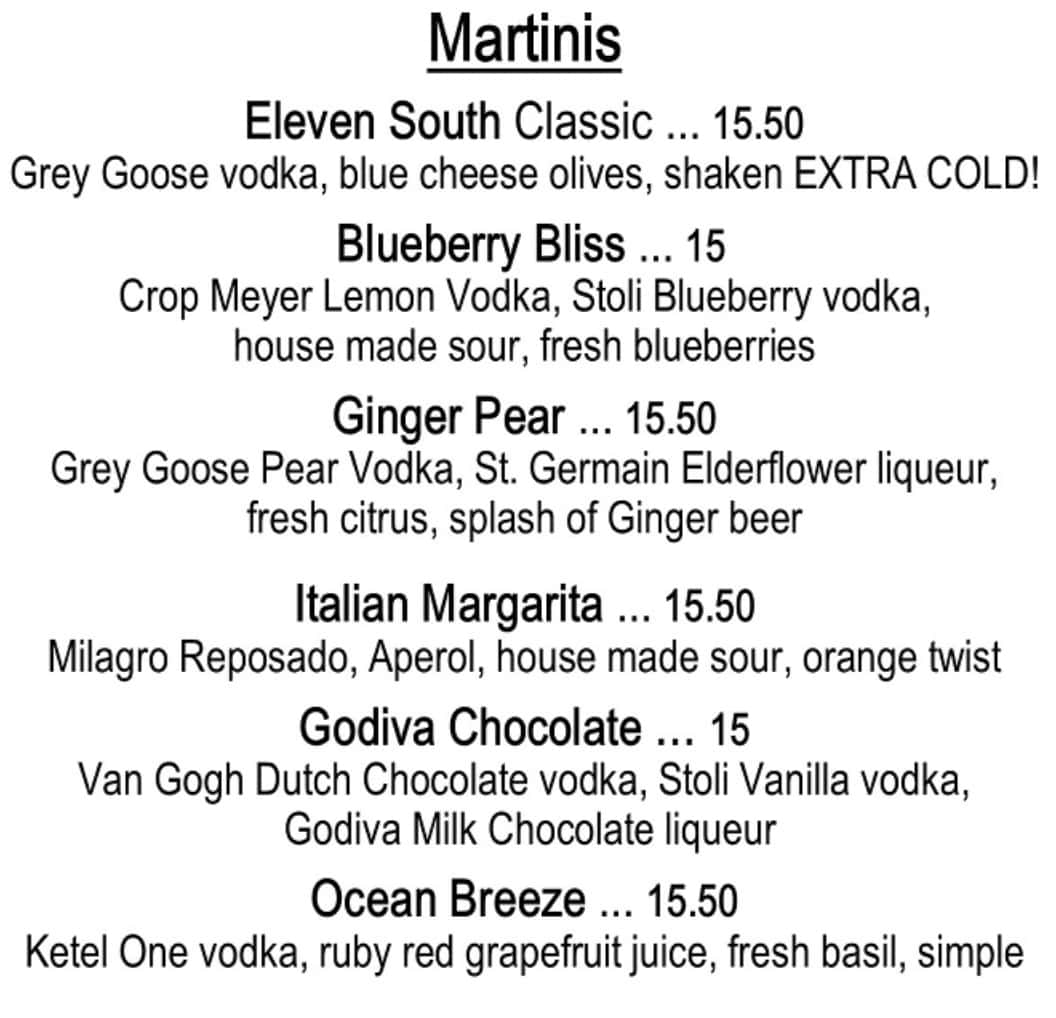 Eleven South Craft Cocktails and Beer Menu