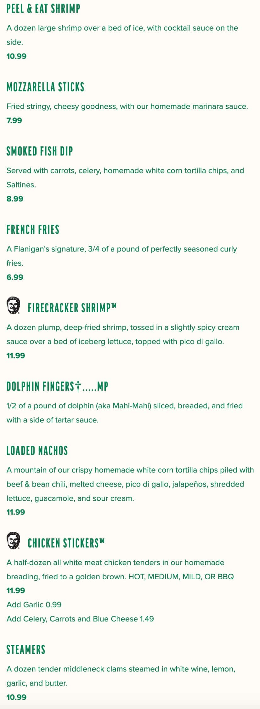 Flanigan's Seafood Bar and Grill Main Menu