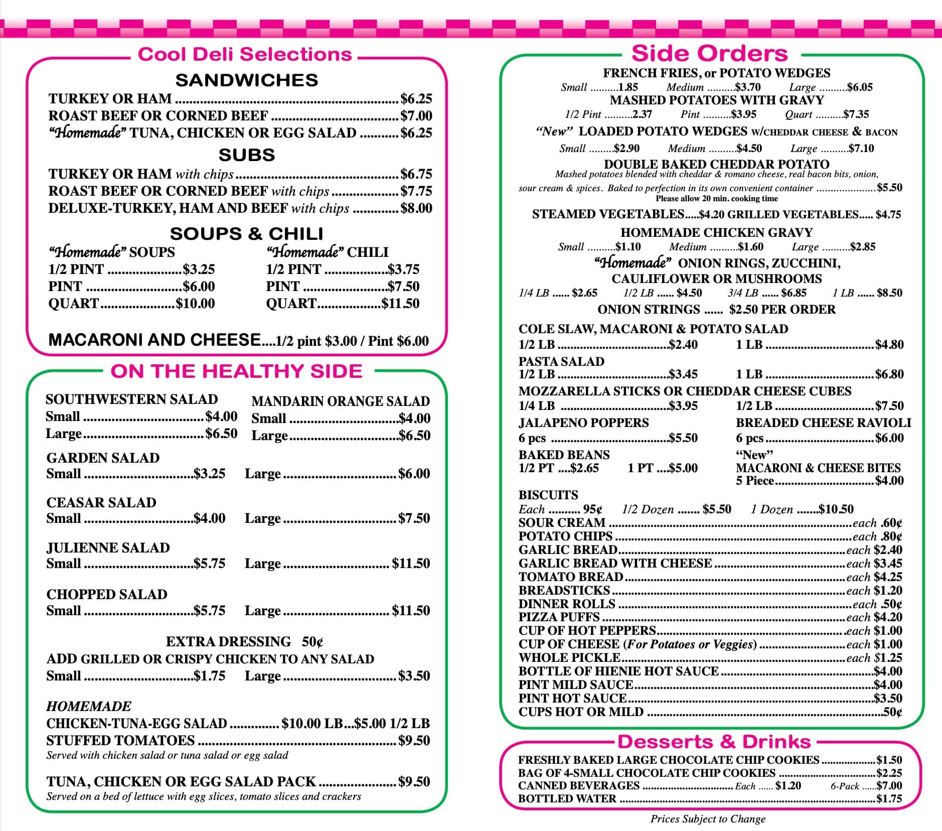 Hienie\'s McCarthy\'s Menu With Prices