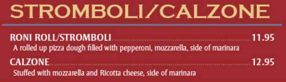 Hot Pie Pizza Stromboli or Calzone Menu