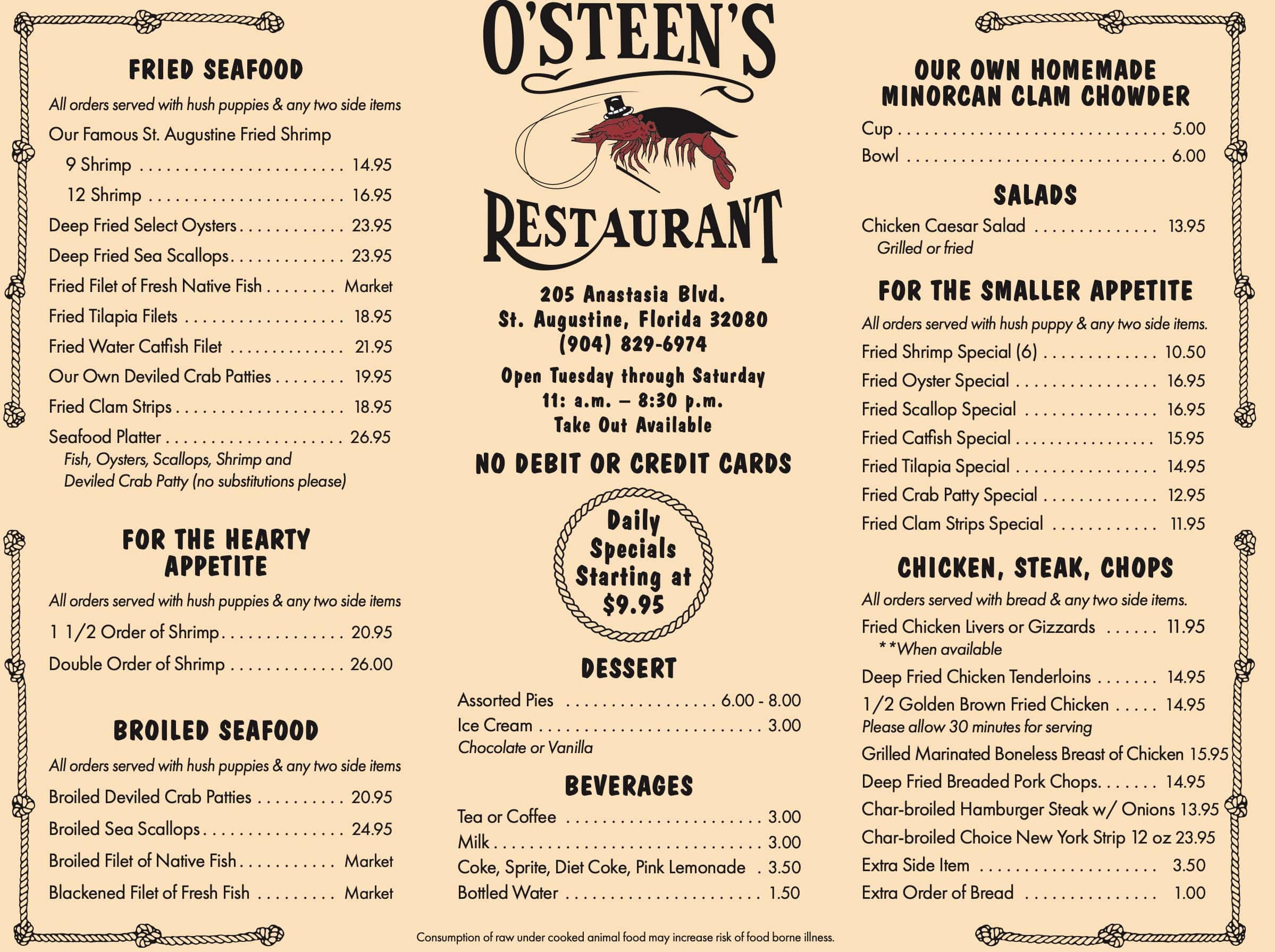 O'Steen's Restaurant Main Menu