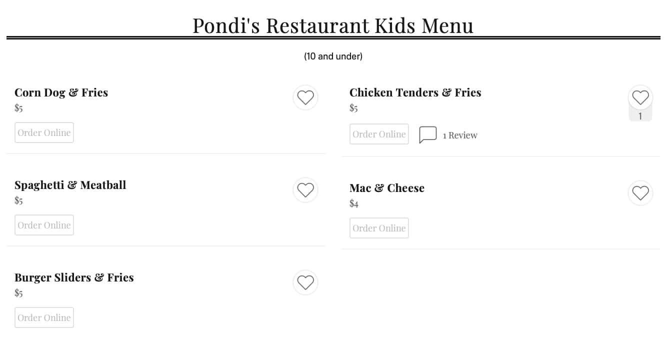 Pondi's Restaurant and Bar Kids Menu