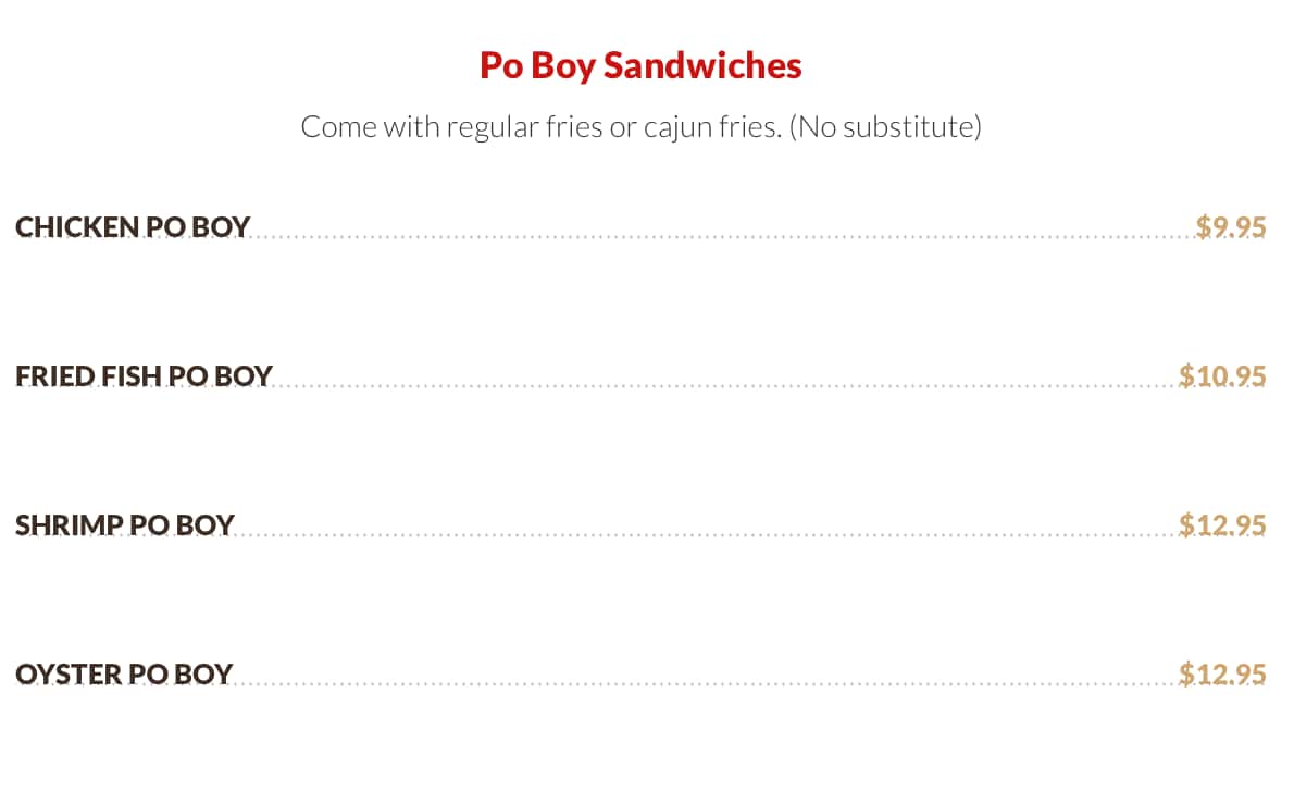 Rocking Crab Po Boy Sandwiches Menu