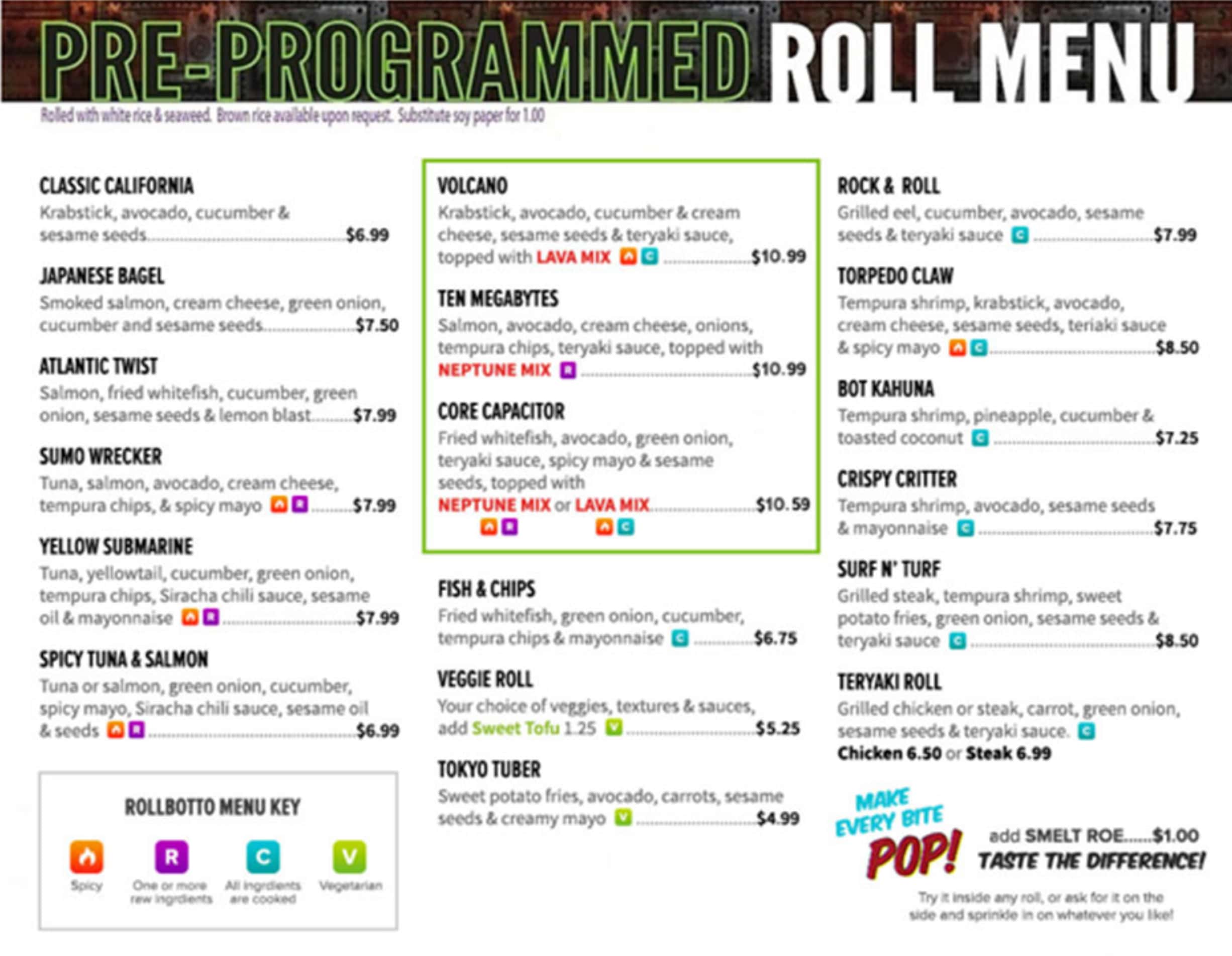 Rollbotto Sushi Pre-Programmed Rolls Menu