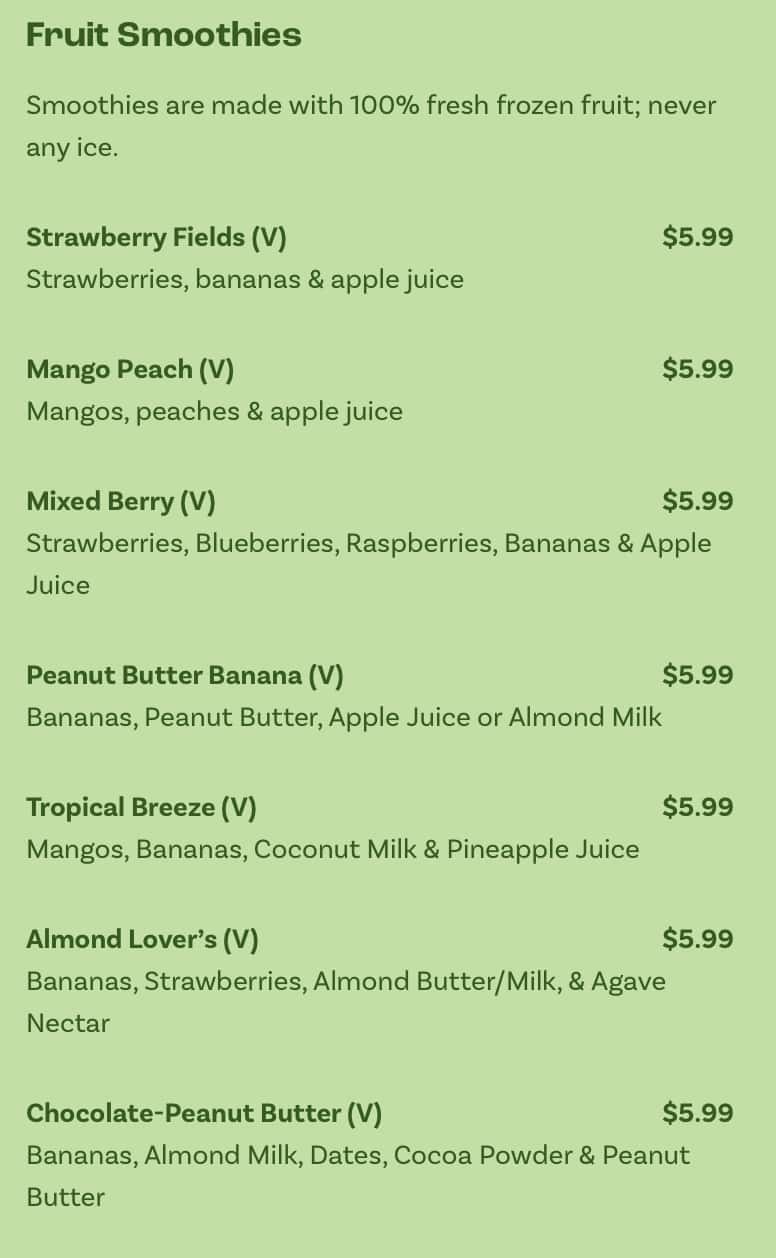 Rollin\' Oats Cafe Smoothies Menu