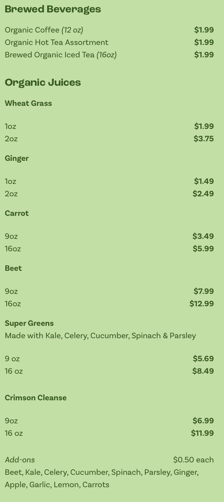 Rollin' Oats Cafe Brewed Beverages and Juices Menu