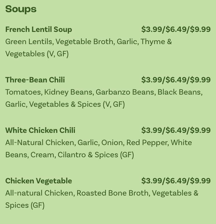 Rollin' Oats Cafe Soups Menu
