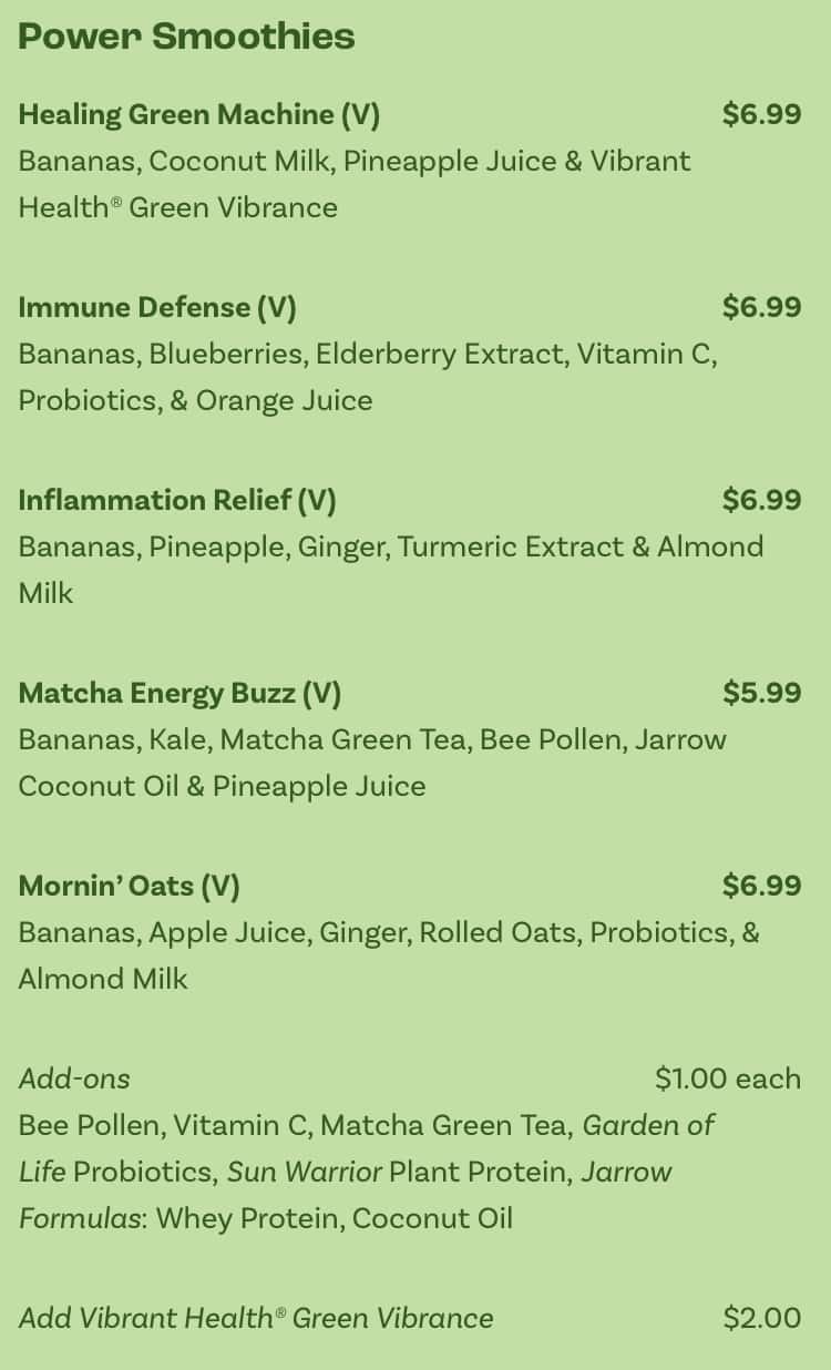 Rollin' Oats Cafe Power Smoothies Menu