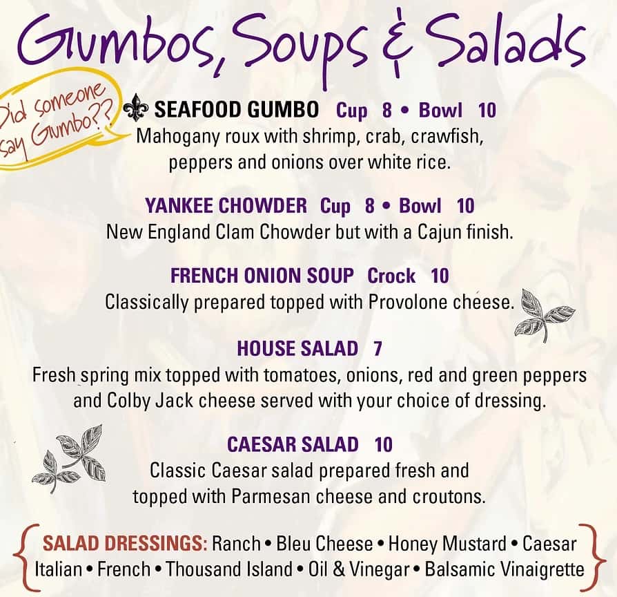 Seafood Seller and Cafe Gumbo, Soup, and Salads Menu