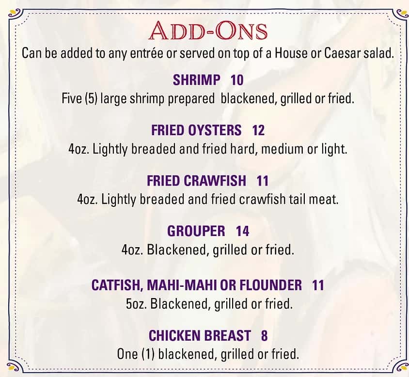 Seafood Seller and Cafe Add ons Menu