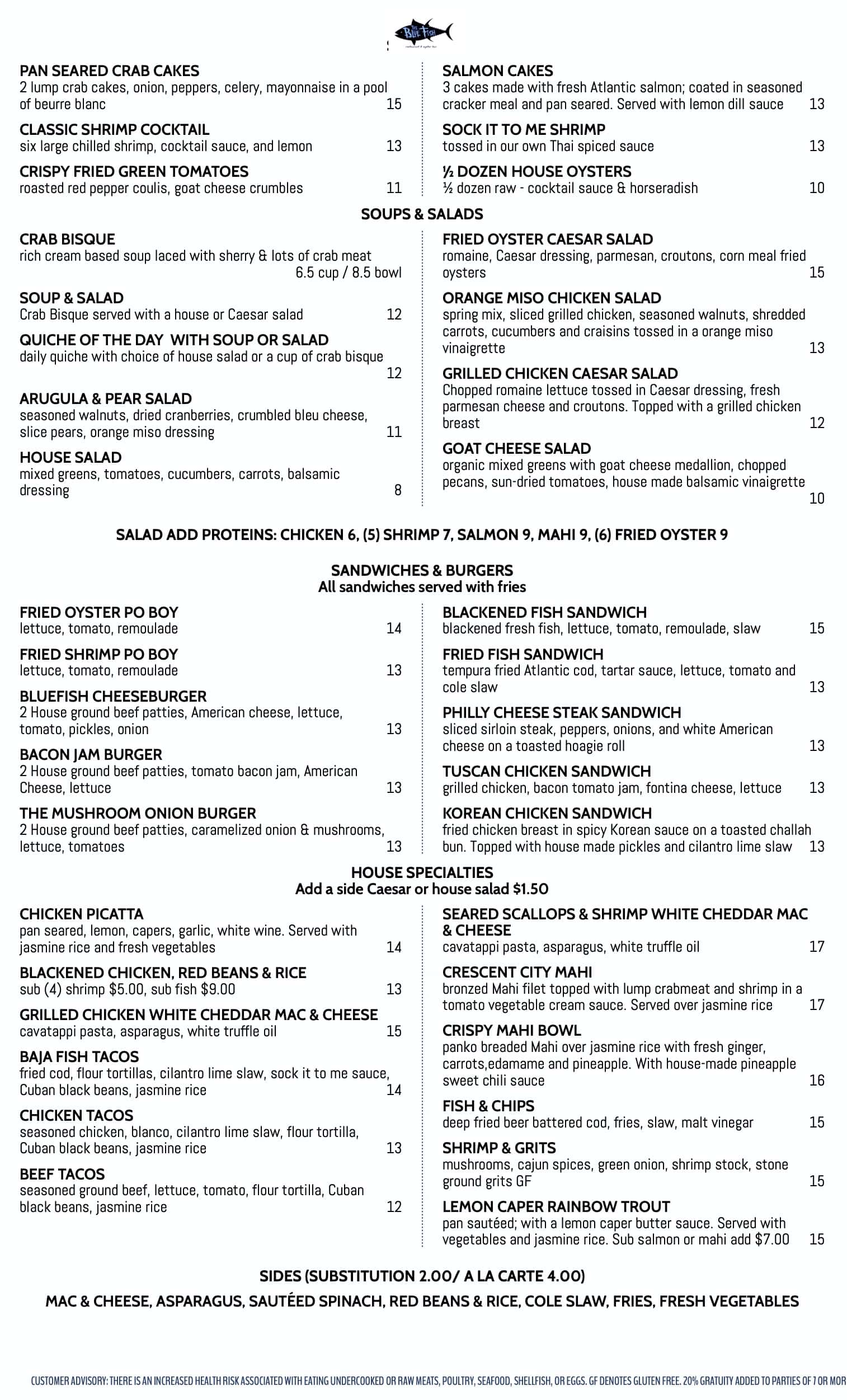 The Blue Fish Restaurant and Oyster Bar Menu With Prices