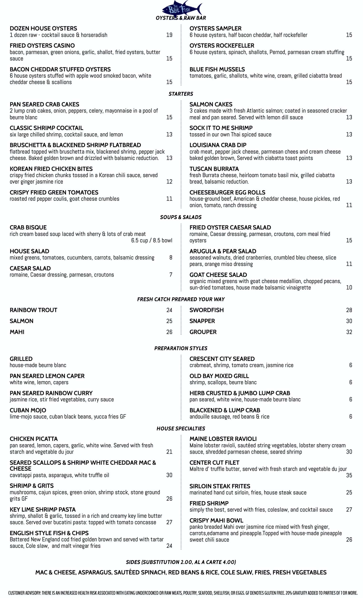 The Blue Fish Restaurant and Oyster Bar Dinner Menu
