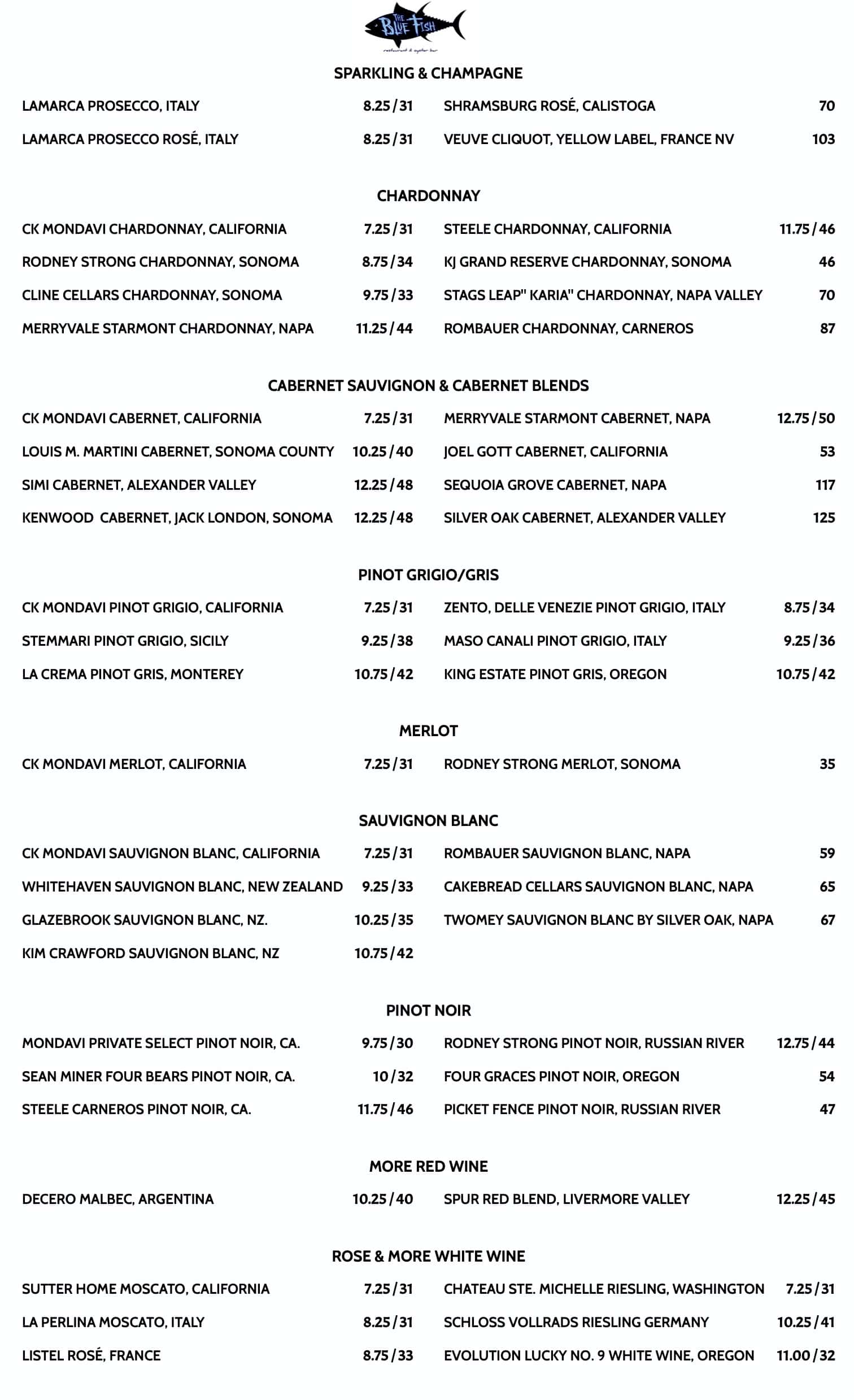 The Blue Fish Restaurant and Oyster Bar Wine Menu