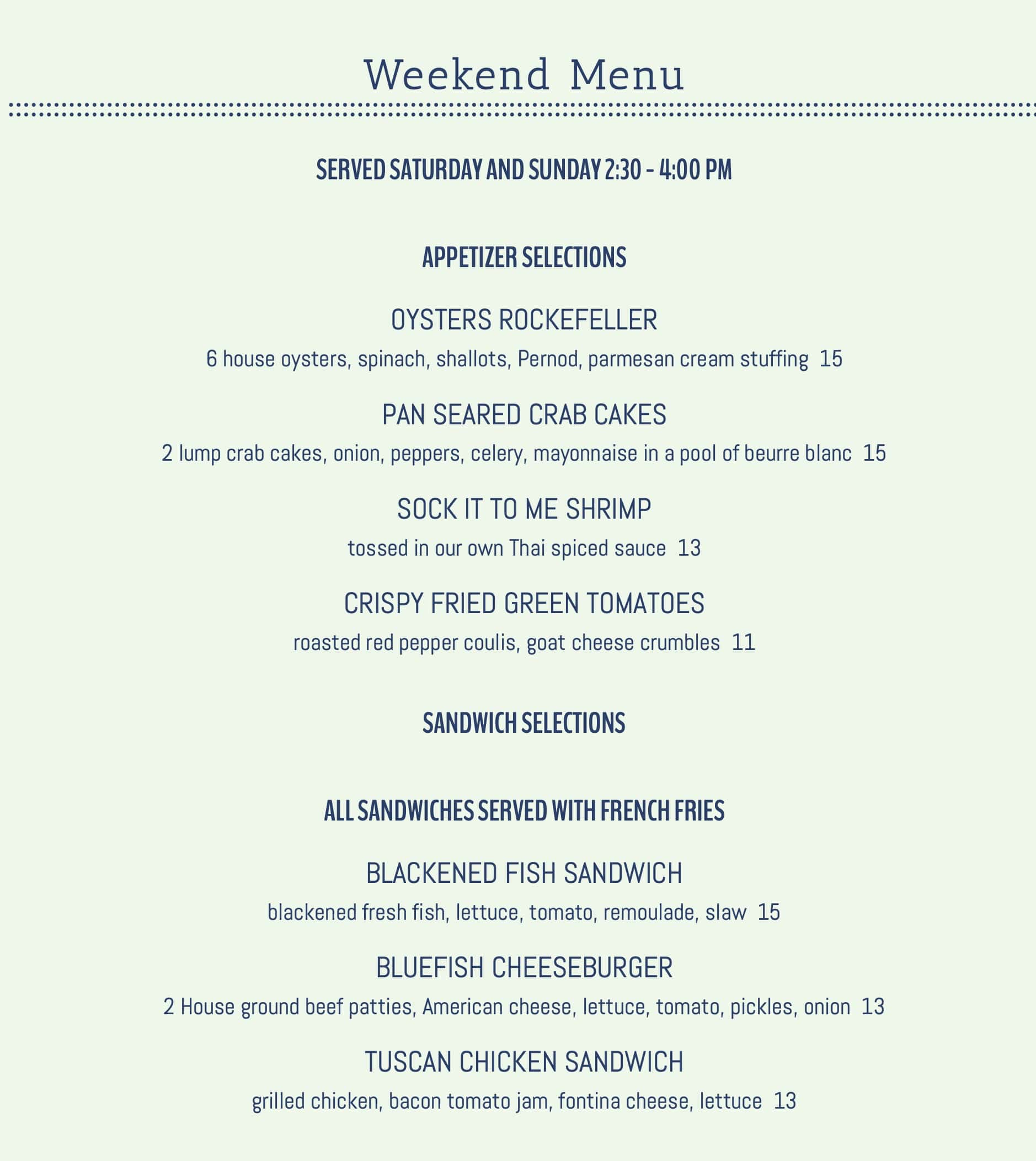 The Blue Fish Restaurant and Oyster Bar Weekend Menu