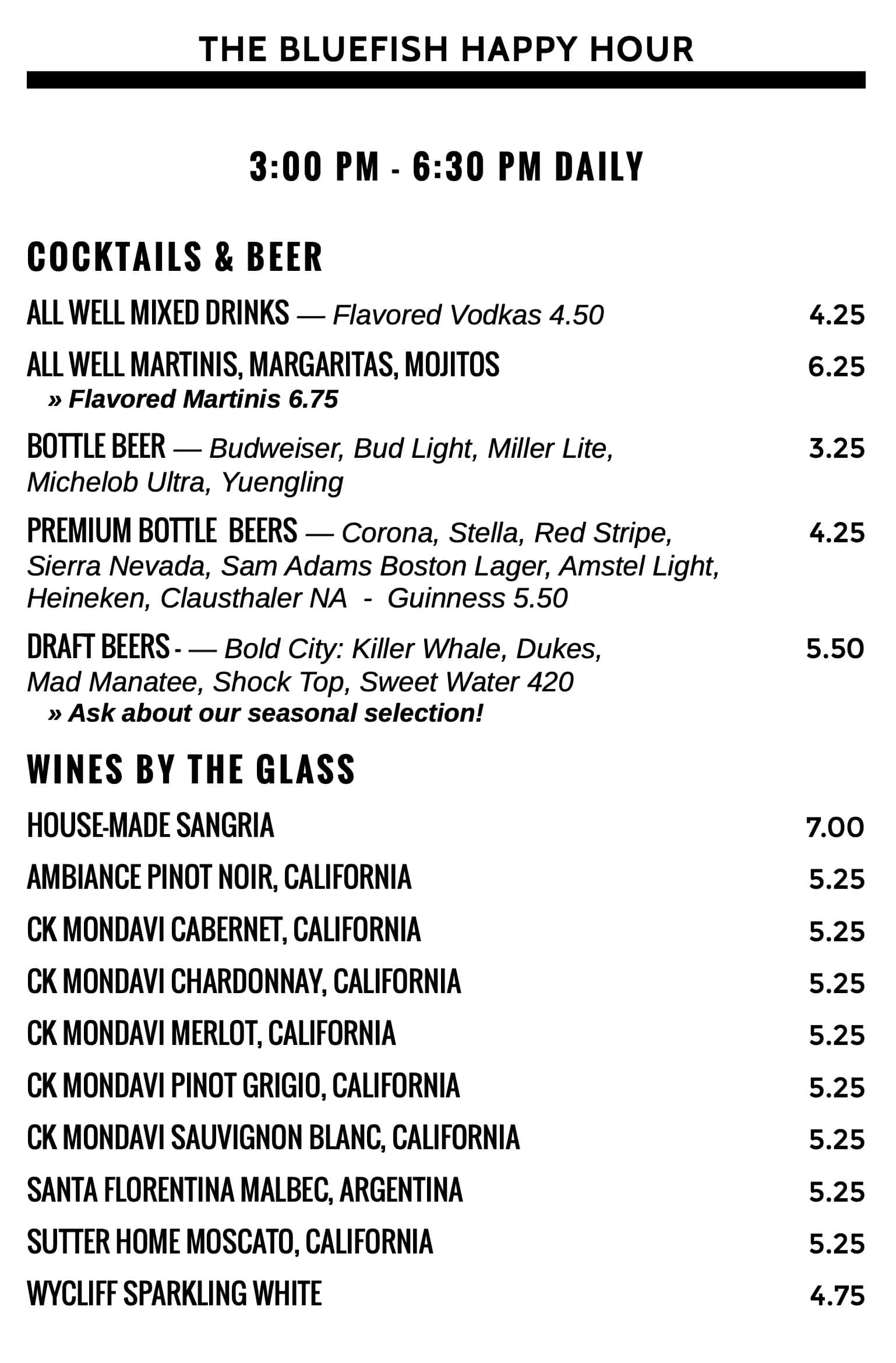 The Blue Fish Restaurant and Oyster Bar Happy Hour Menu
