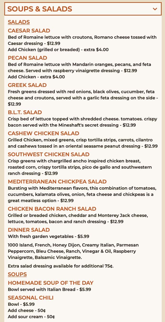 The Mineshaft Lunch and Dinner Menu