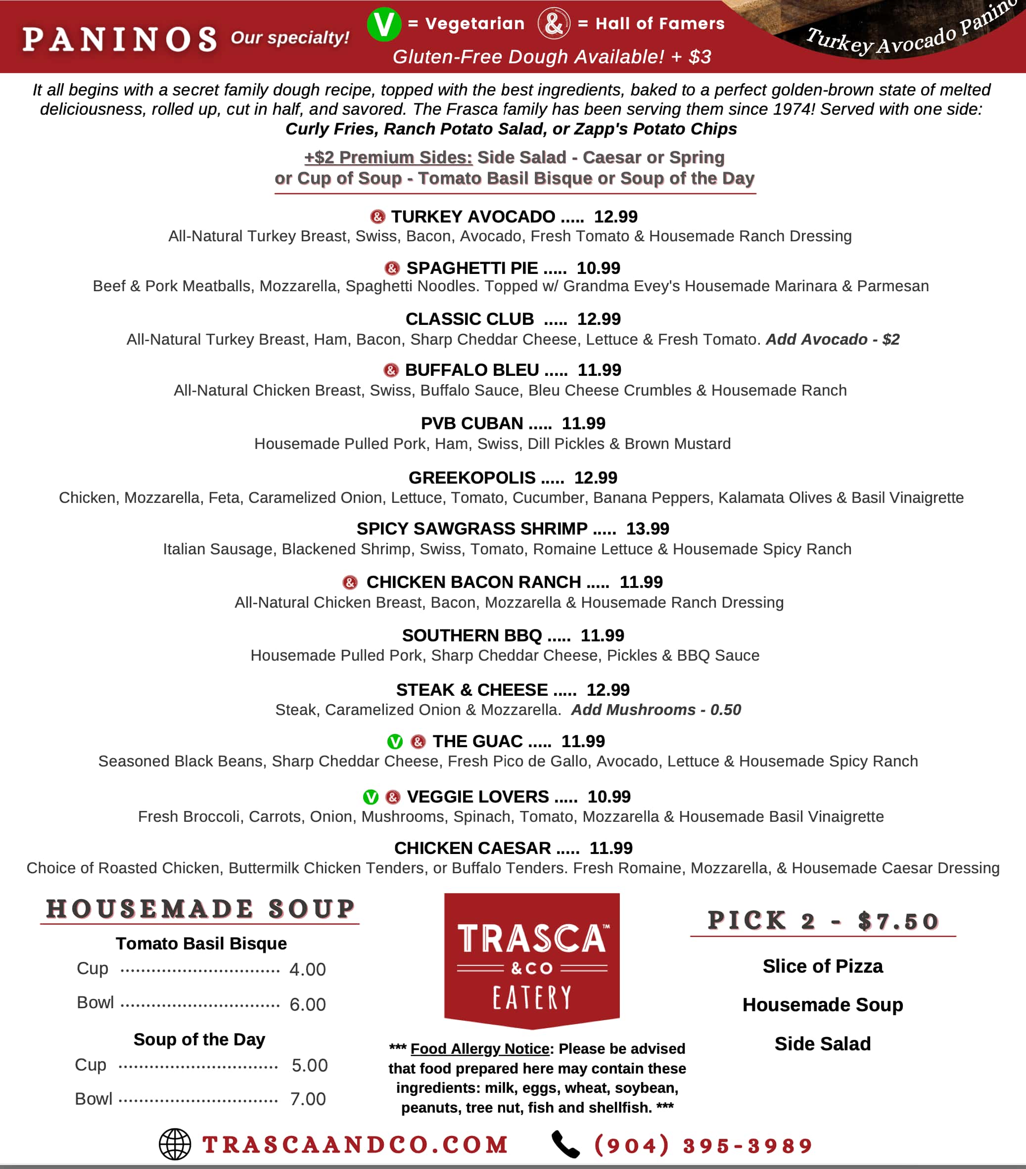 Trasca and Co Eatery Ponte Vedra Beach Paninos and Soup Menu