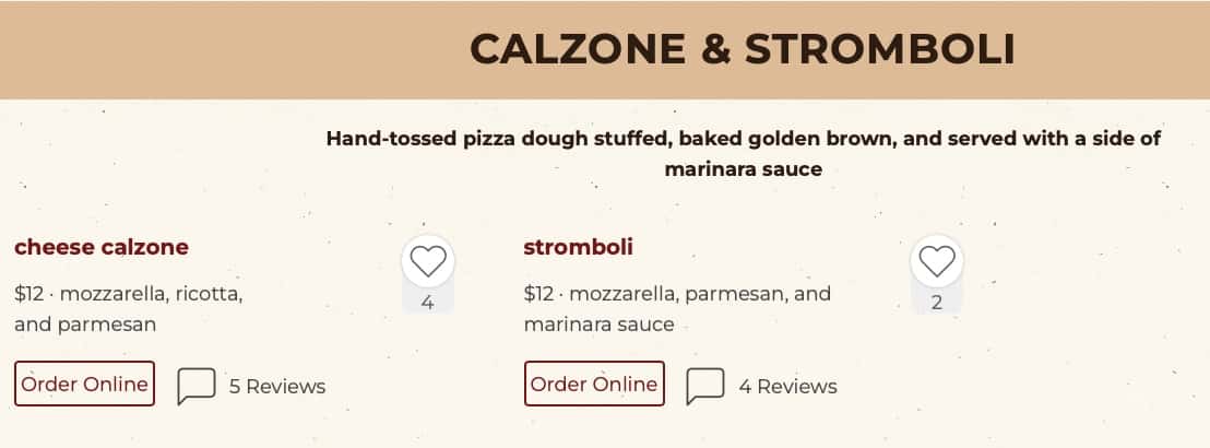 Vintage Pizzeria Calzone and Stromboli Menu