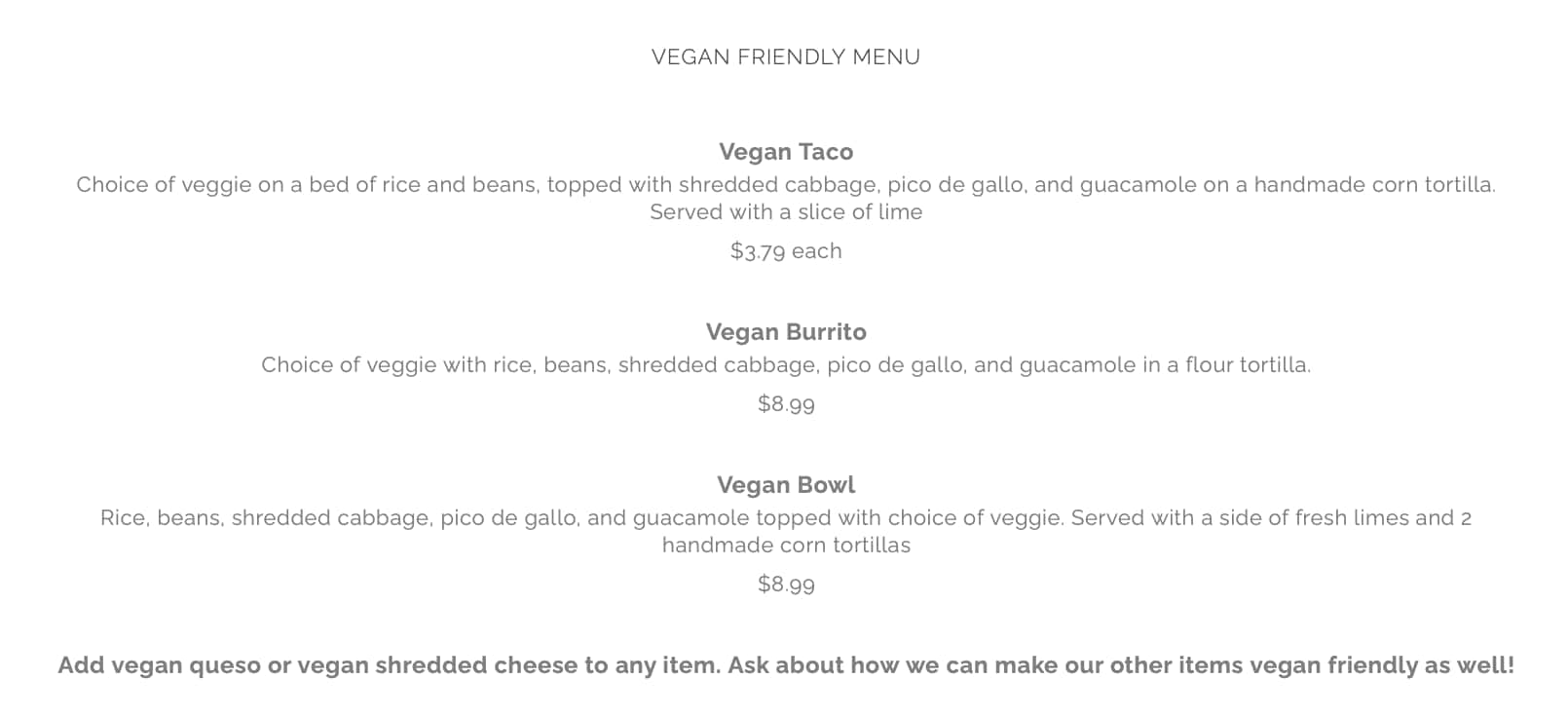 Xtreme Tacos Vegan Menu