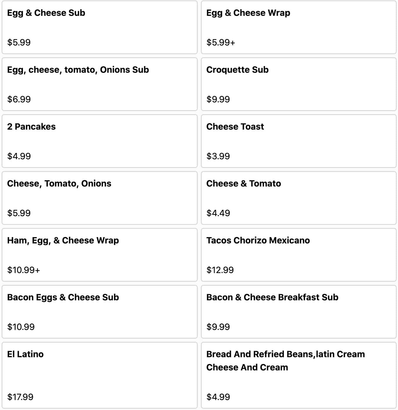 100 Miles to Cuba Cafe Breakfast and Lunch All Day Menu