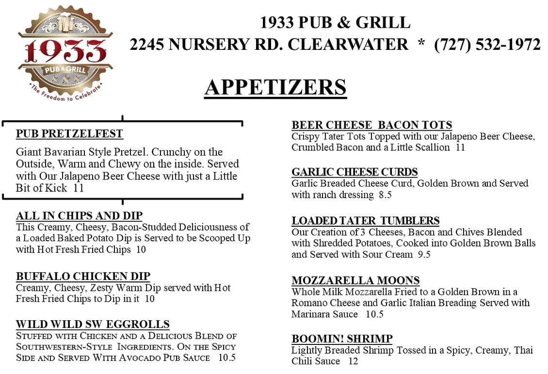 1933 Pub and Grill Appetizers Menu
