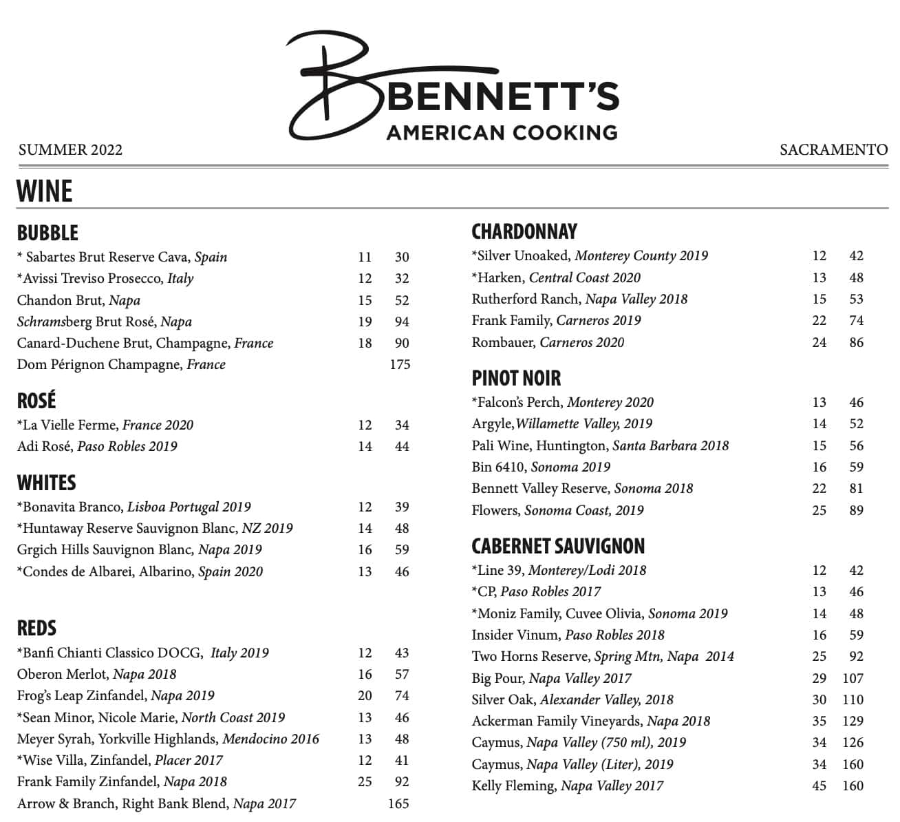 Bennett's American Cooking All Day Menu