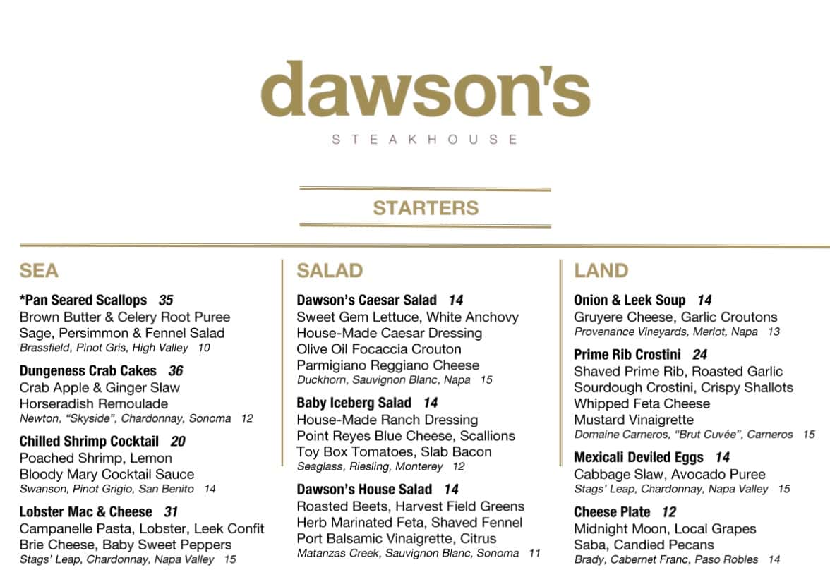 Dawson's Steakhouse Dinner Menu