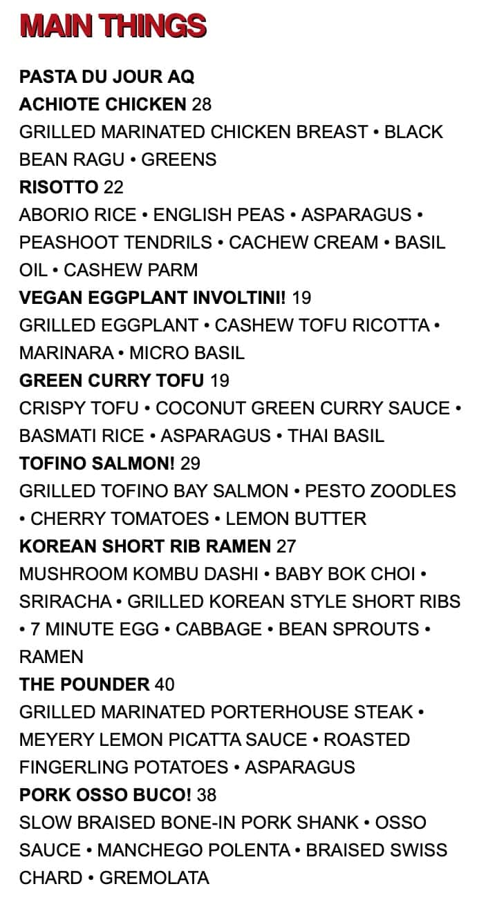 The Red Rabbit Kitchen and Bar Dinner Menu