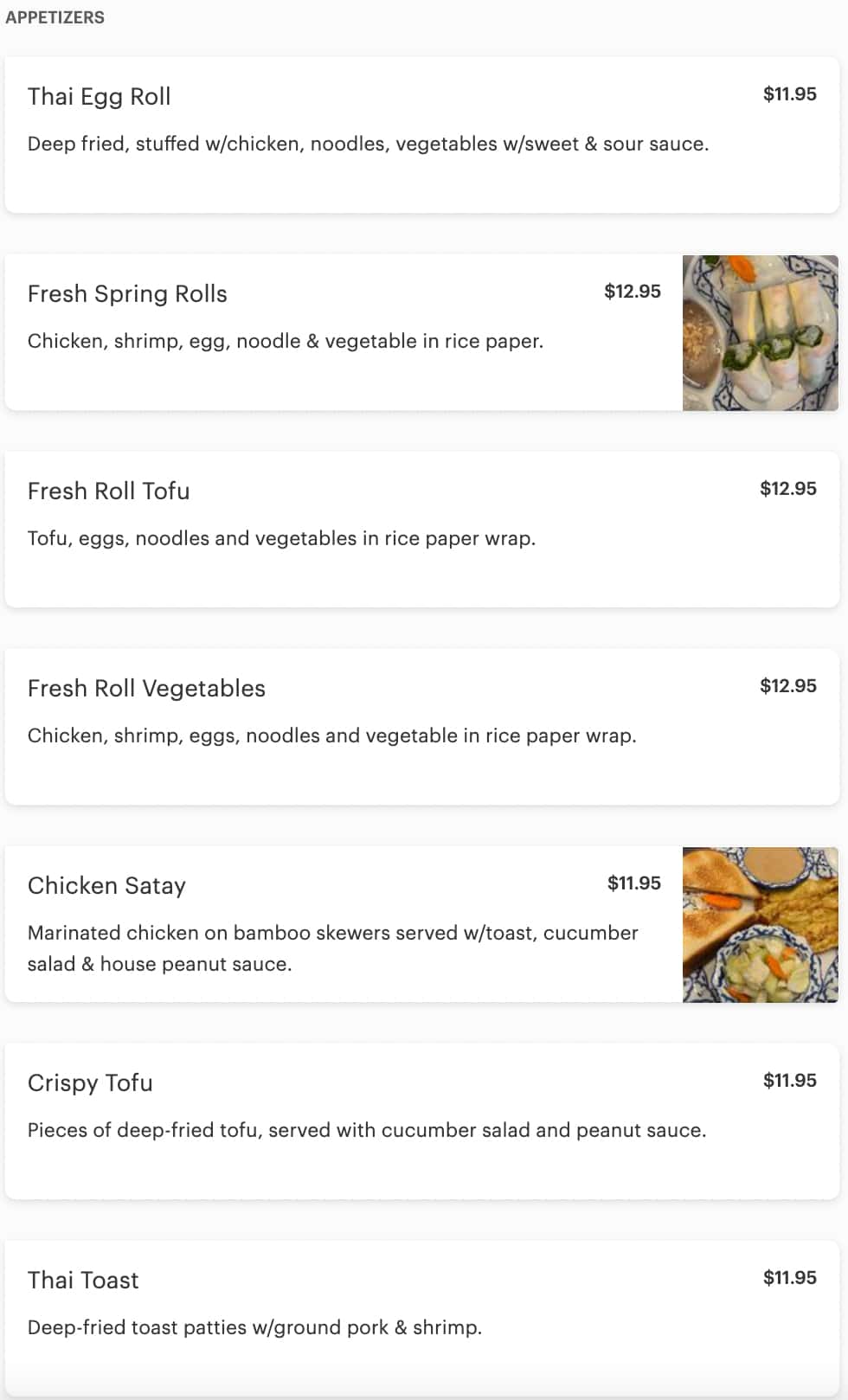 Alaska Taste of Thai Appetizers Menu