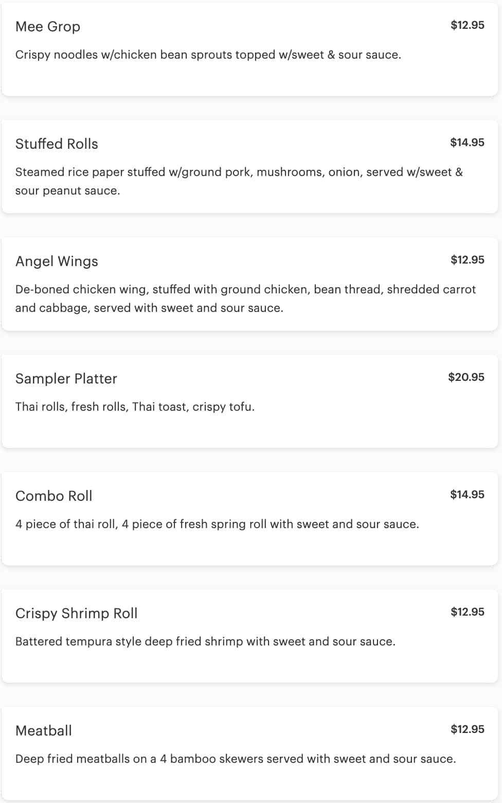Alaska Taste of Thai Appetizers Menu