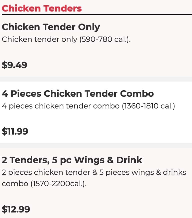 American Deli Chicken Tender Menu