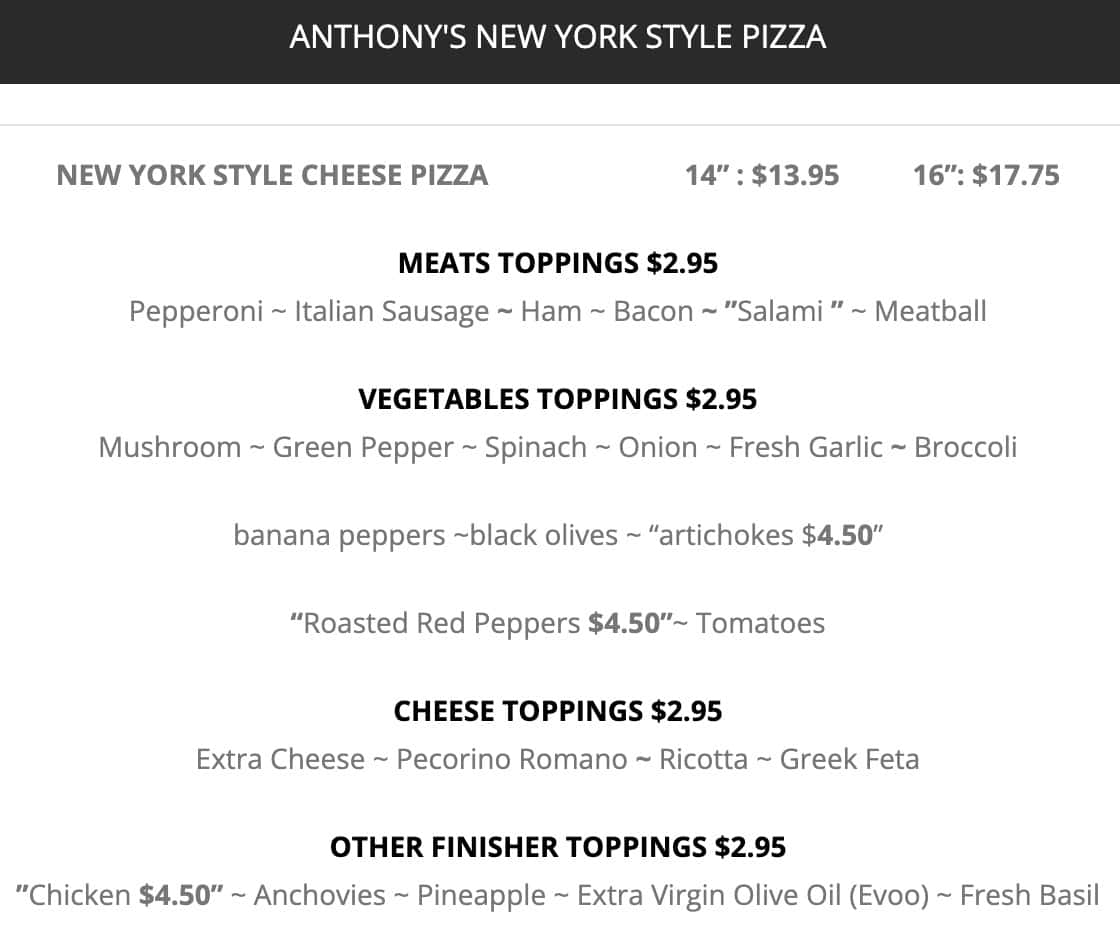Anthony's Pizza & Italian Kitchen New York Style Pizza Menu