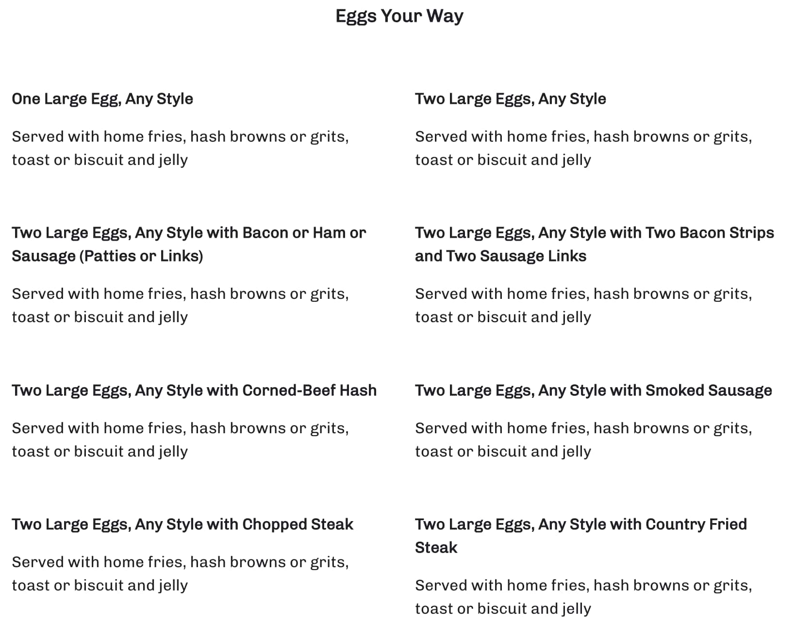 Avon Park Diner Eggs Your Way Menu