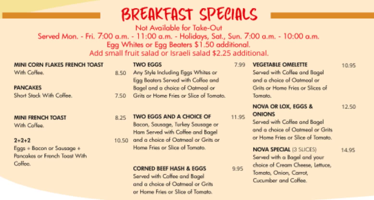 Bagel Cove Restaurant & Deli Breakfast Specials Menu