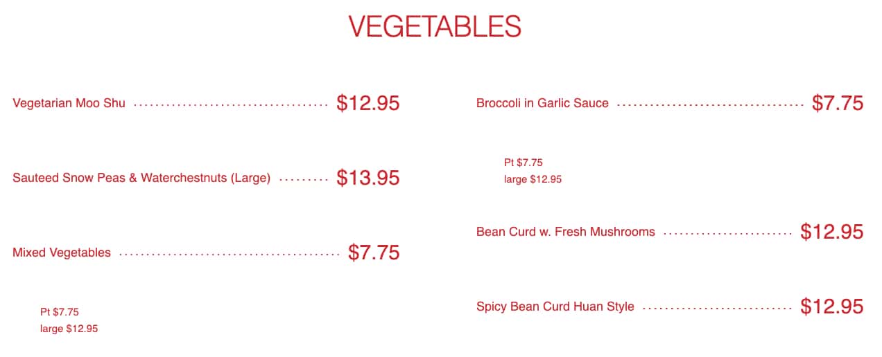 Bamboo Panda Vegetables Menu