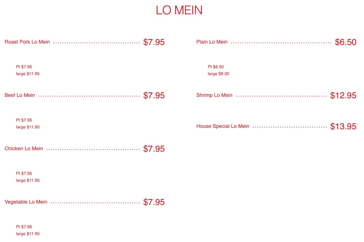 Bamboo Panda Low Mein Menu