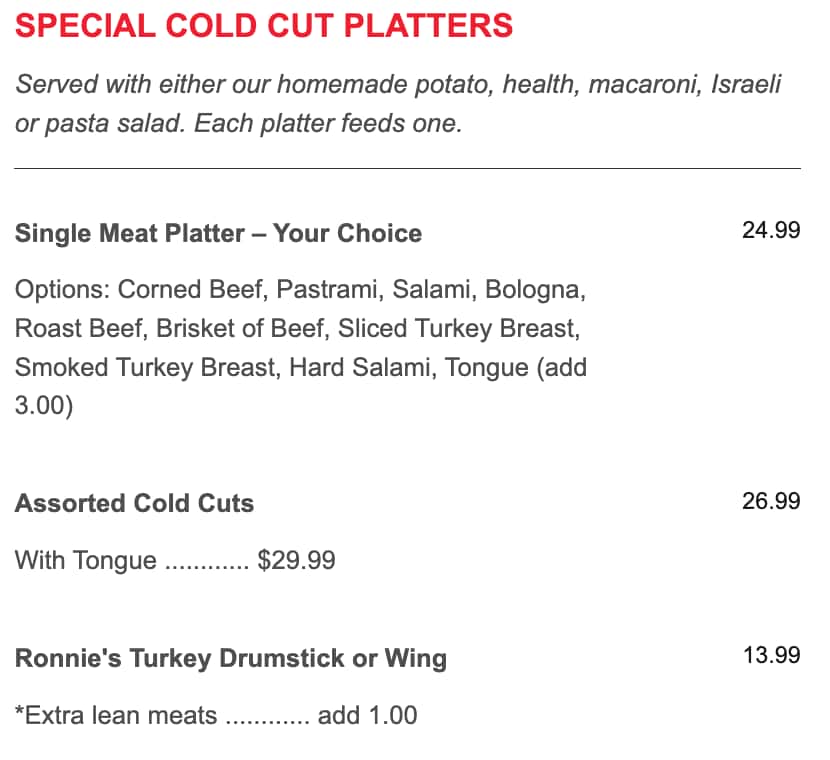 Ben's Kosher Delicatessen Restaurant & Caterers Cold Cut Platters Menu