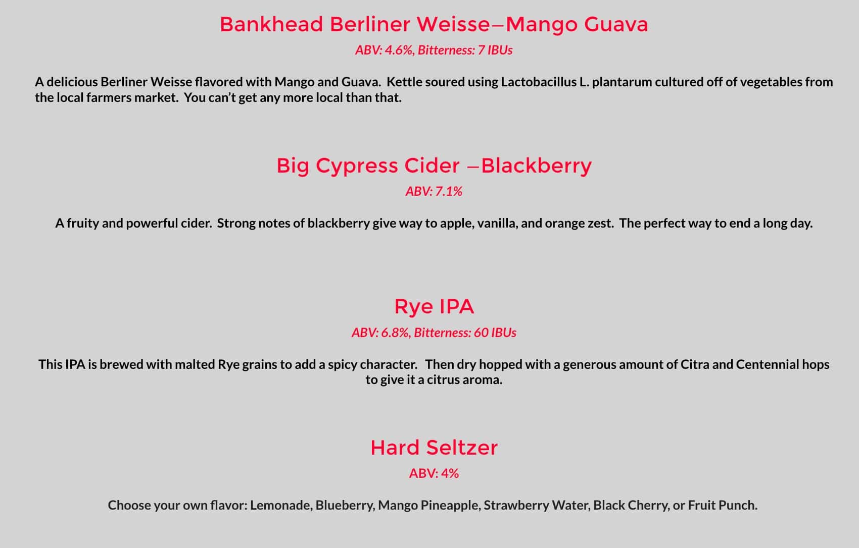 Black Warrior Brewing Company Beer Menu