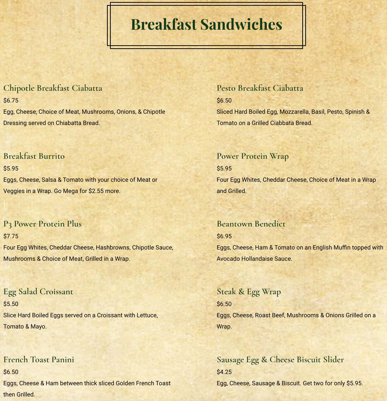 Boston Coffeehouse Breakfast Sandwiches Menu