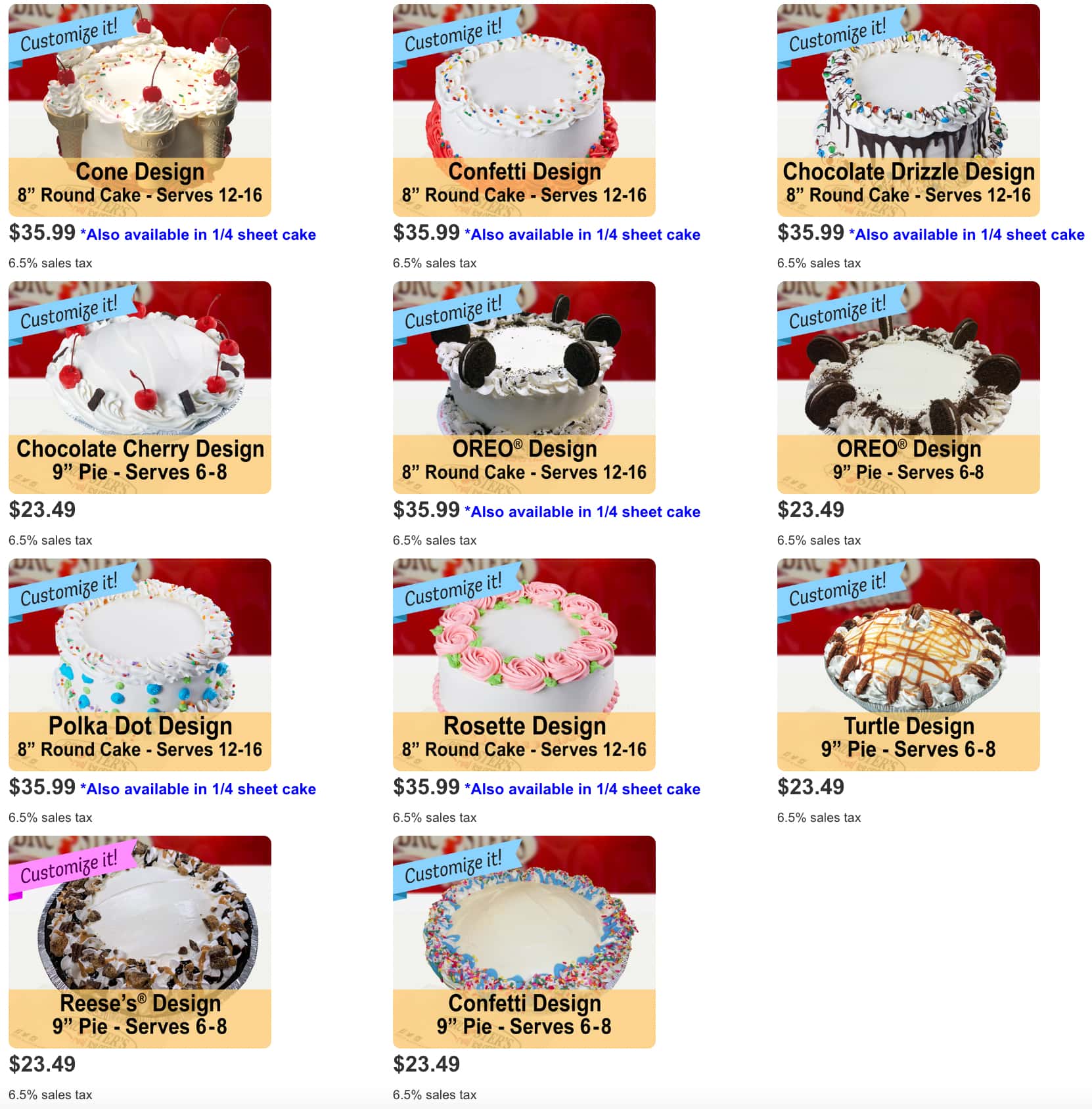 Bruster's Real Ice Cream Custom Cakes and Pies Menu