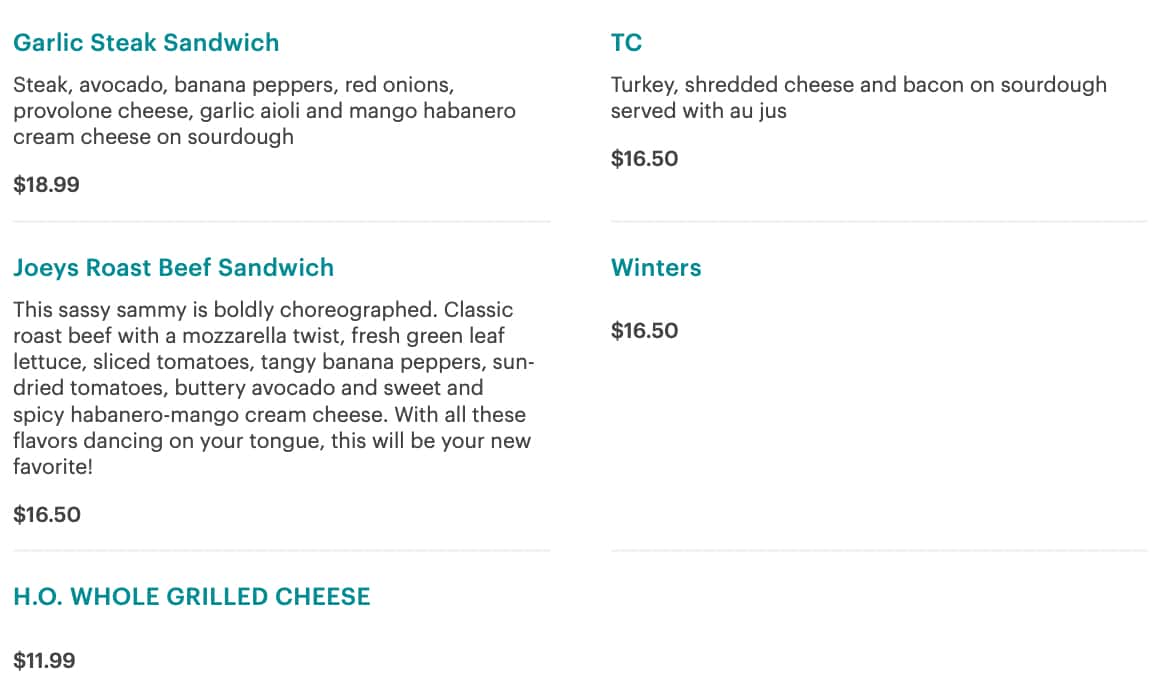 Charlotte's Restaurant Sandwiches Menu