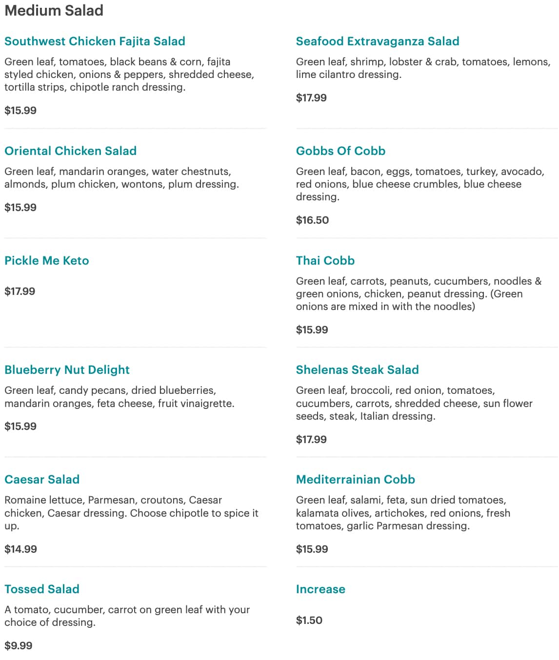 Charlotte's Restaurant Salads Menu