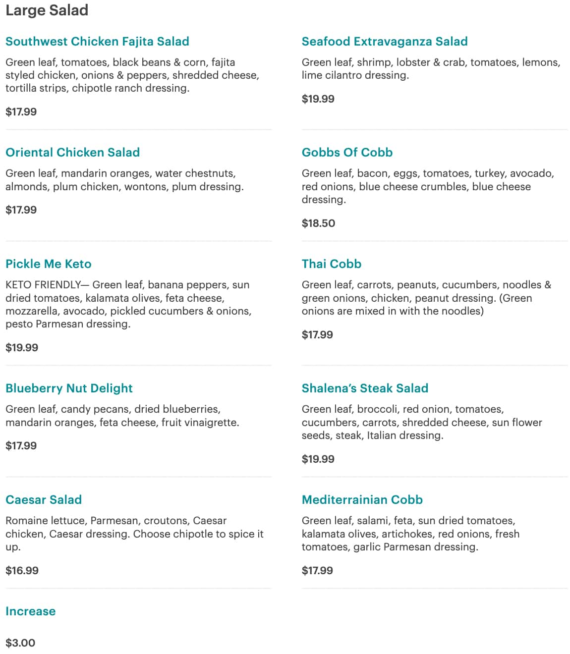 Charlotte's Restaurant Salads Menu