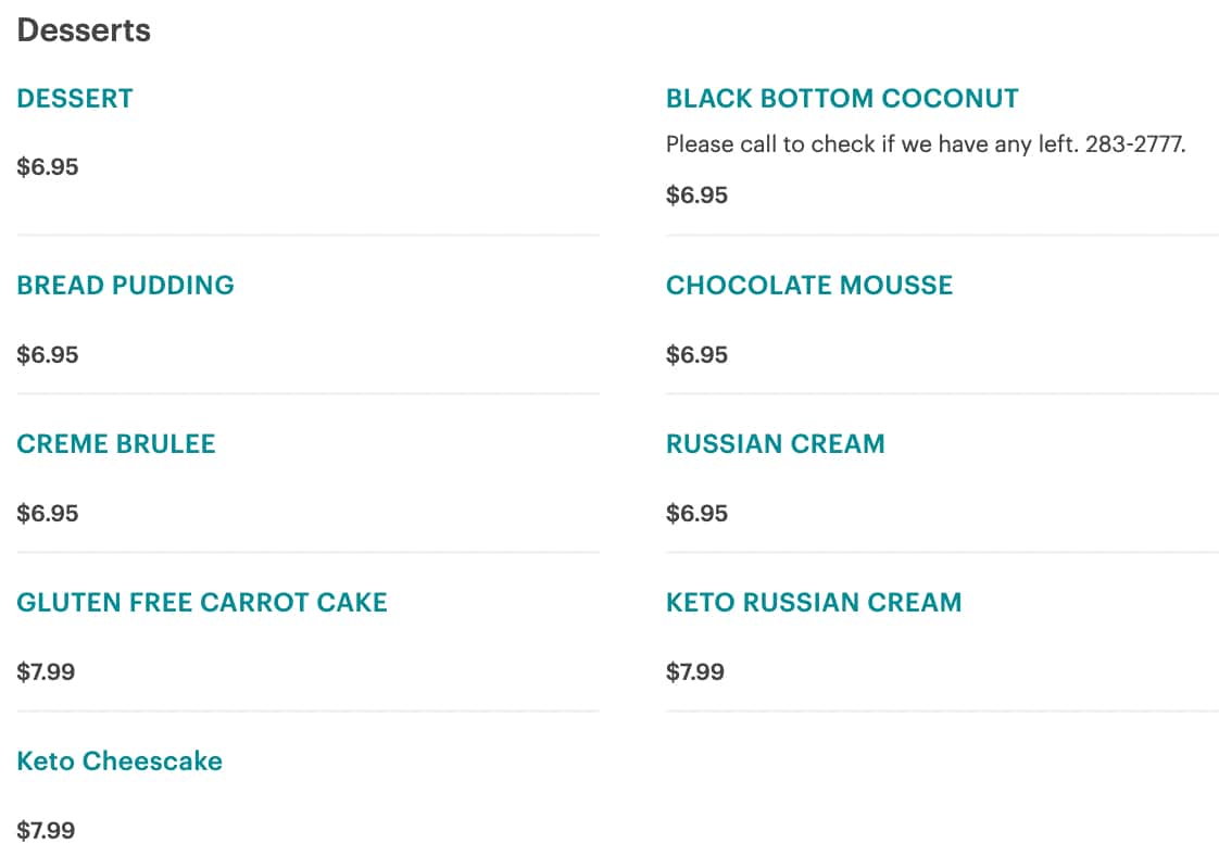 Charlotte's Restaurant Desserts Menu