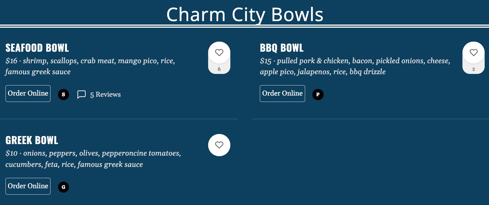 Charm City Seafood Charm City Bowls Menu