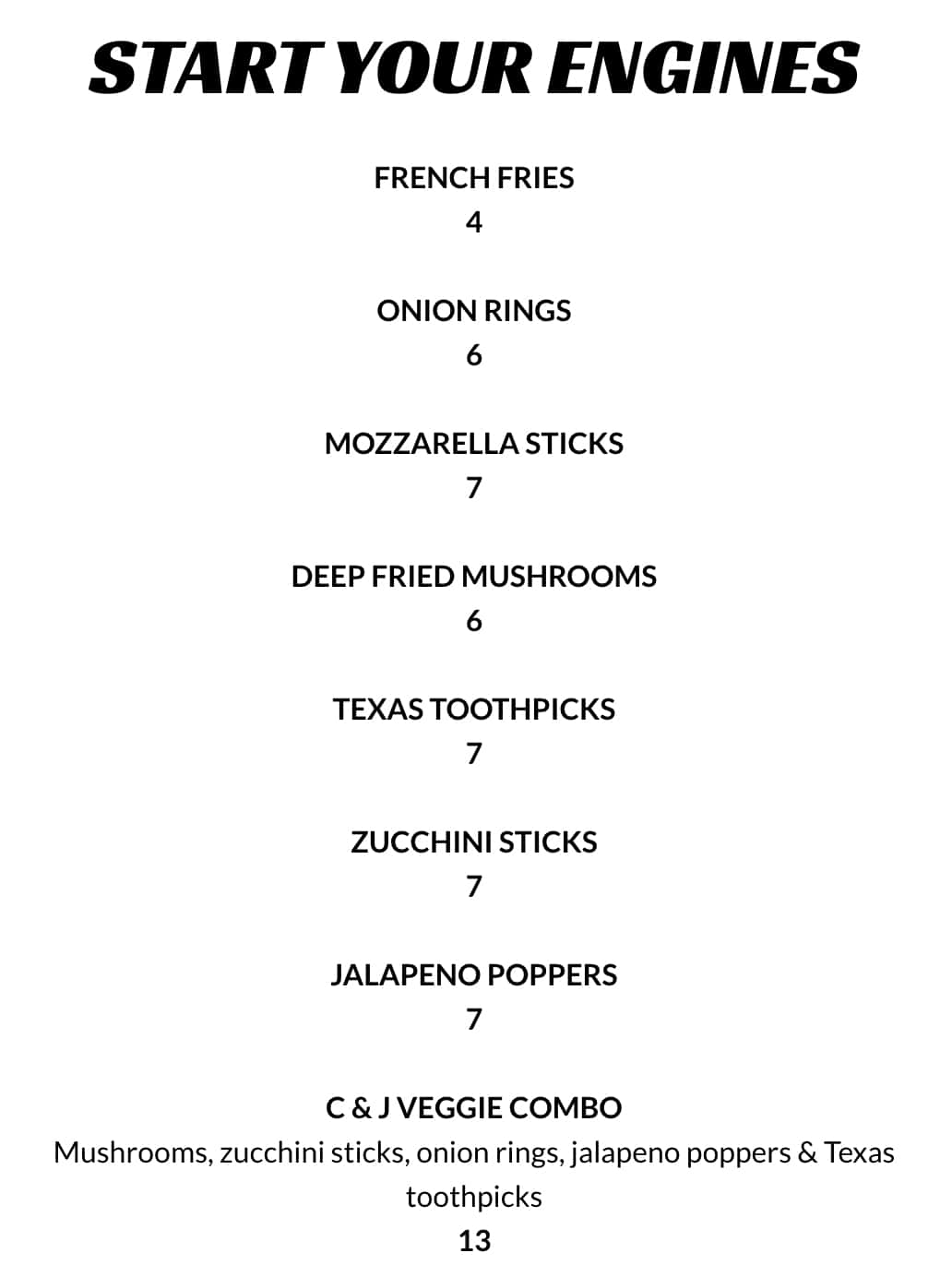C&J's Drive In Start Your Engines Menu
