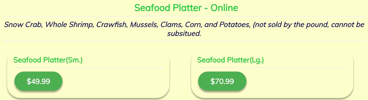 Crafty Crab Seafood Platter Menu