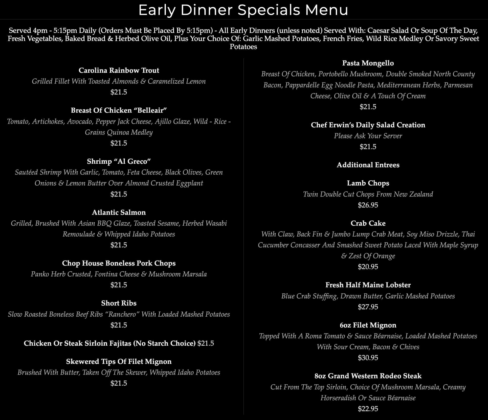 E&E Stakeout Grill Early Dinner Specials Menu
