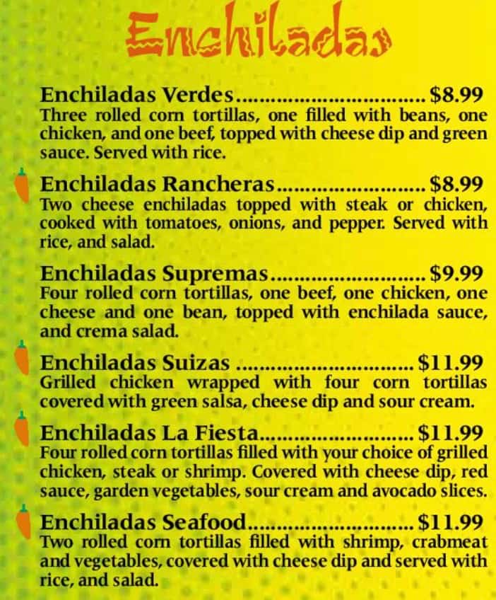 Fiesta Mexicana Enchiladas Menu