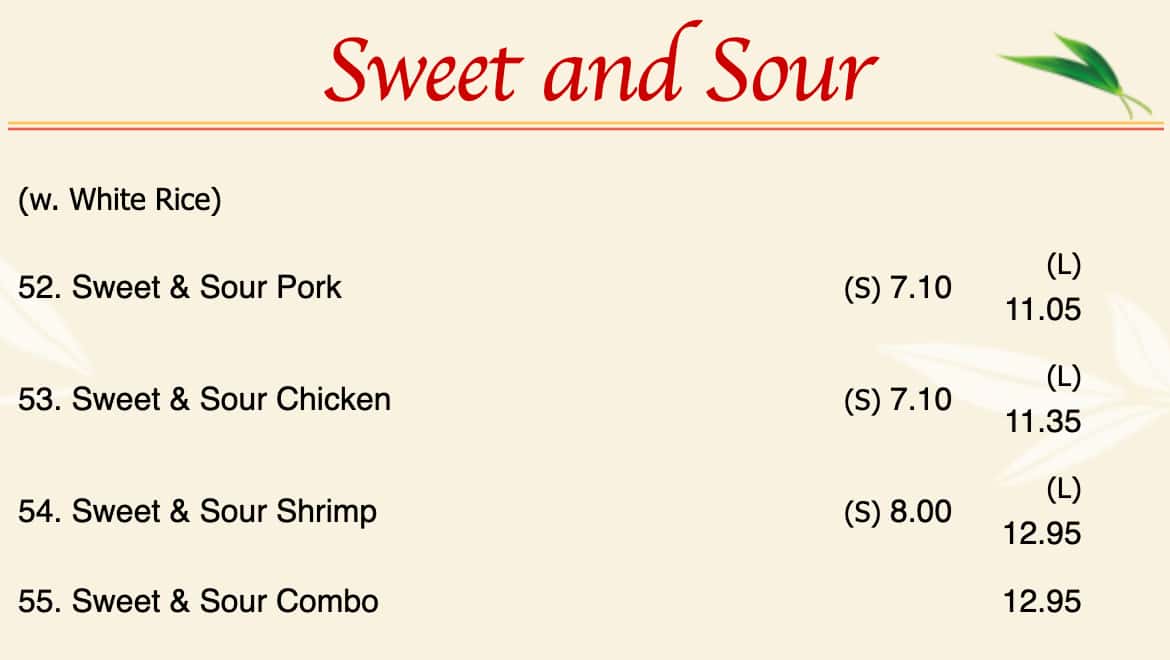 Golden City Chinese Restaurant Sweet and Sour Menu